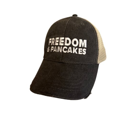 Adams Freedom & Pancakes Trucker Hat OSFM Black & Beige Mesh Back Cap - Picture 1 of 6
